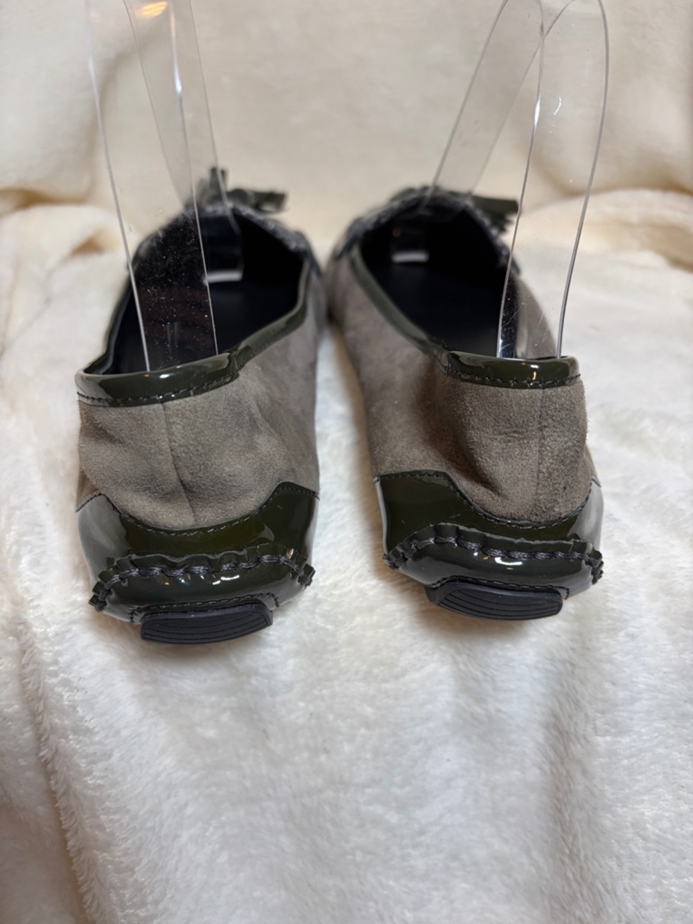 Elie Tahari Gray Suede Loafers with Tweed and Patent Tassels - Picture 4 of 8